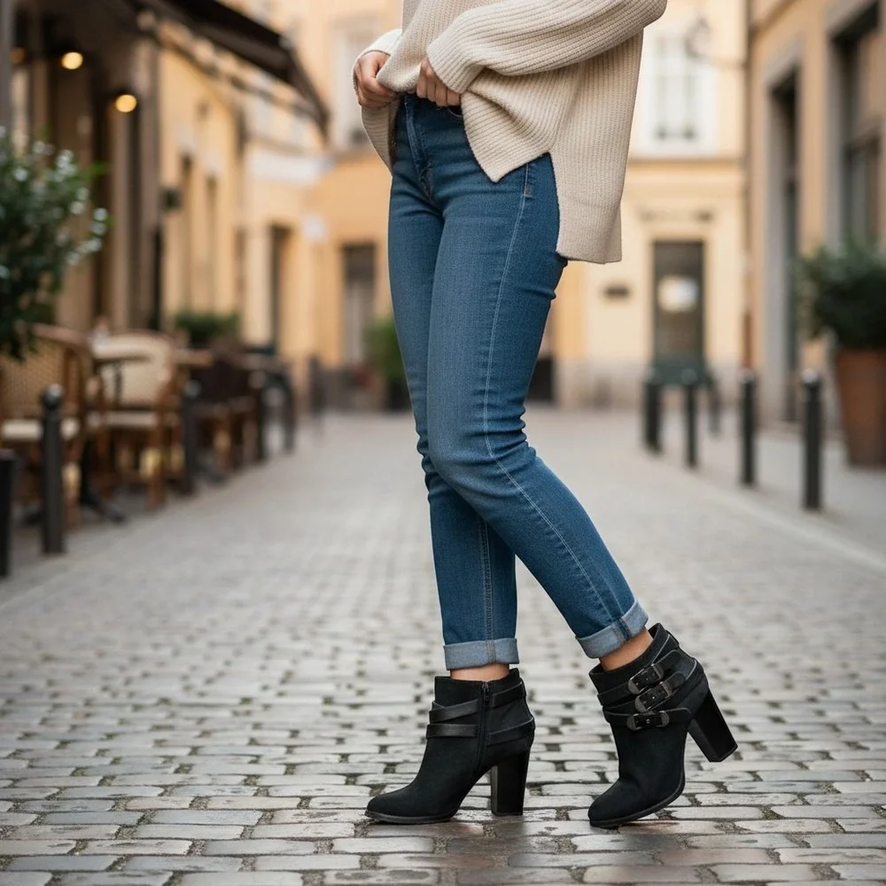 Jimmy Choo Black Suede Metallic Wrap Buckle Ankle Boots Block Heel‎ Italy 37.5